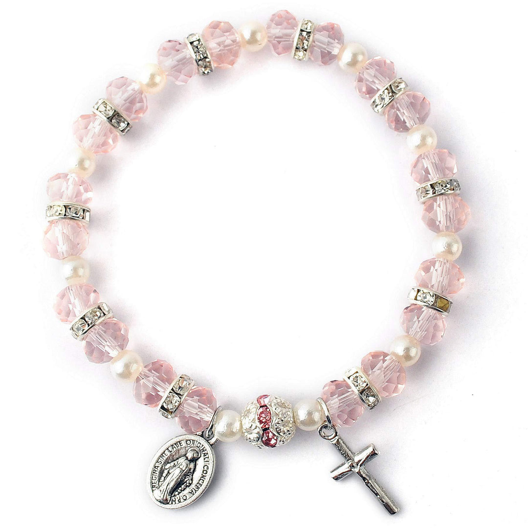 Christianartworkshop Crystal Beads Stretch Bracelet with Crucifix and Miraculous Medal - Pink - image 5