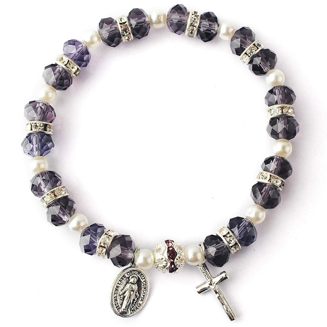 Christianartworkshop Crystal Beads Stretch Bracelet with Crucifix and Miraculous Medal - Purple - image 7