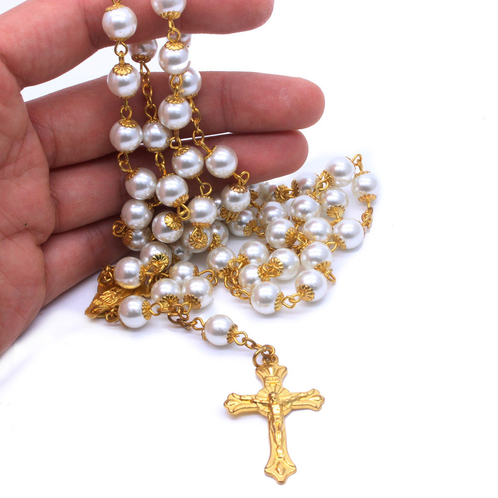 White Pearl Beads Catholic Blessing Rosary - image 2