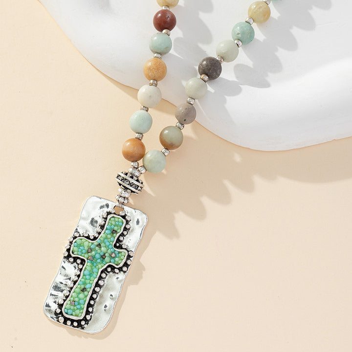 Christianartworkshop Natural Stone Cross Handmade Beaded Necklace Jewelry  - image 2