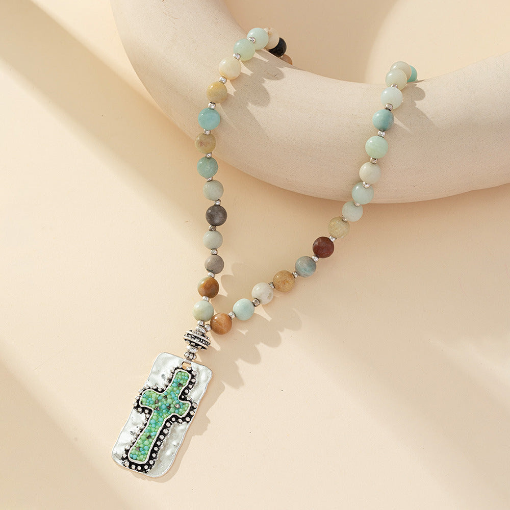 Christianartworkshop Natural Stone Cross Handmade Beaded Necklace Jewelry  - Natural Stone - image 1