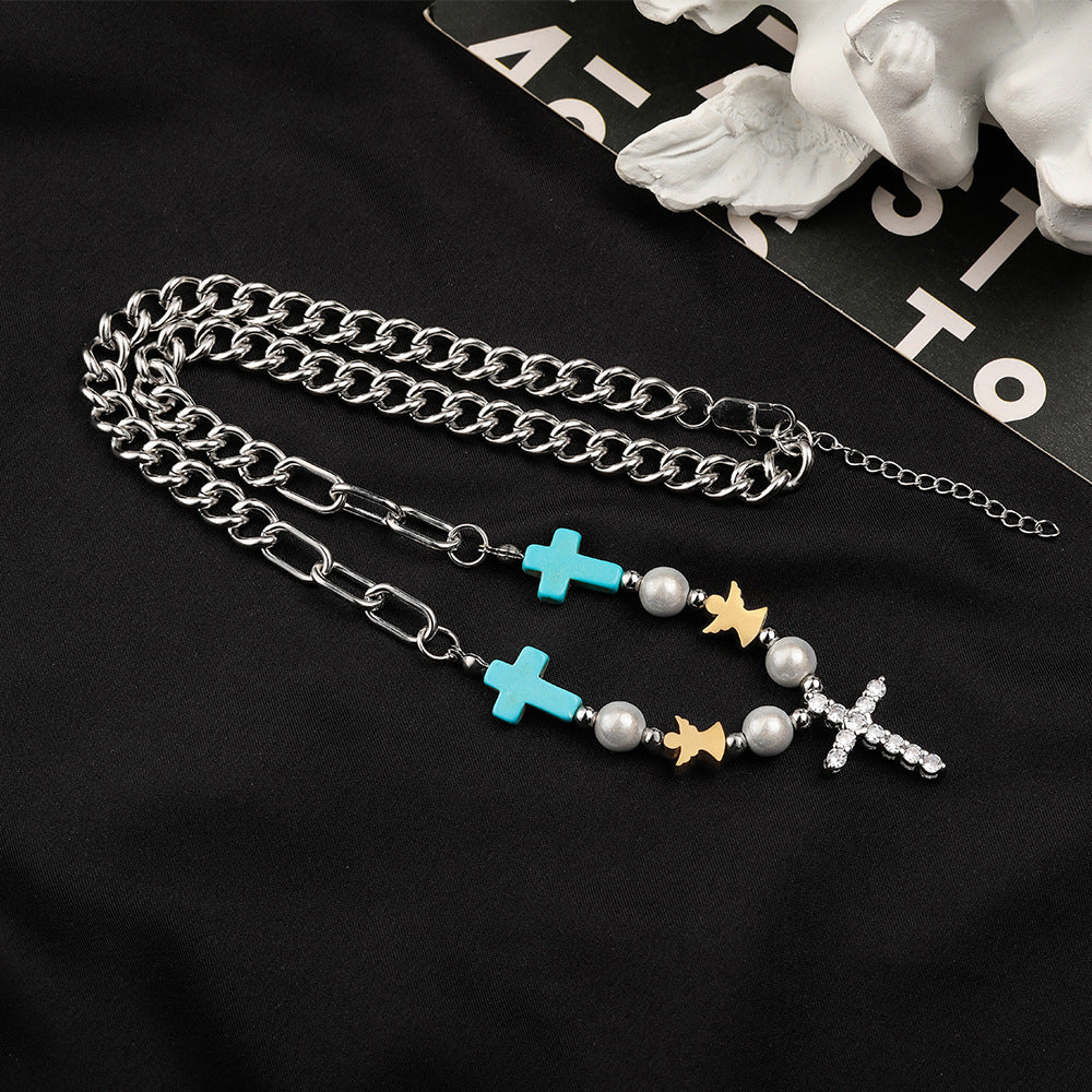 Christianartworkshop Hand-Crafted Turquoise Zircon Cross Titanium Bracelet/Necklace - Necklace - image 2