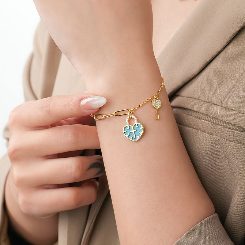 Christianartworkshop Turquoise Cross Heart-Lock Bracelet with Zirconia Key - image 2