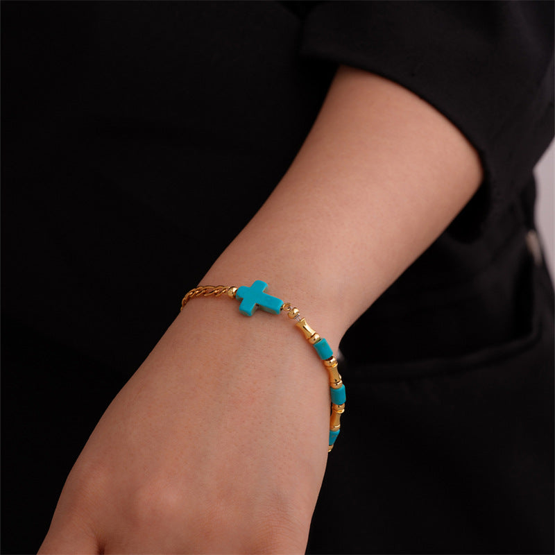 Christianartworkshop Niche Turquoise Cross Golden Chain Bracelet - image 2