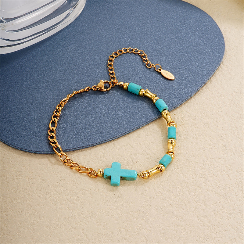 Christianartworkshop Niche Turquoise Cross Golden Chain Bracelet - Turquoise Bracelet - image 1