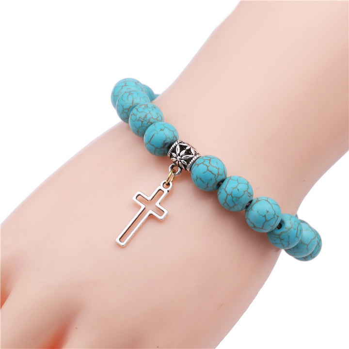 Christianartworkshop 10mm Turquoise Beads Christian Cross Bracelet - Silver - image 4