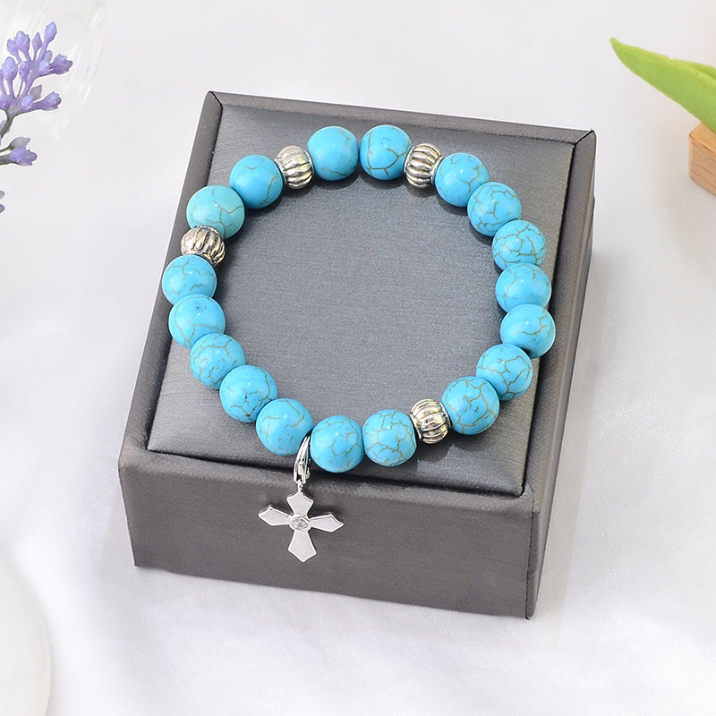 Christianartworkshop Hand-Crafted Turquoise Beaded Cross Pendant Bracelet - image 3