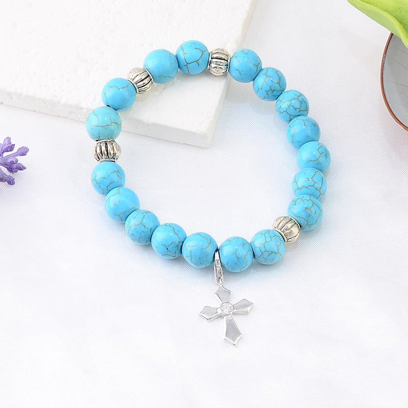 Christianartworkshop Hand-Crafted Turquoise Beaded Cross Pendant Bracelet - Turquoise Beaded - image 1