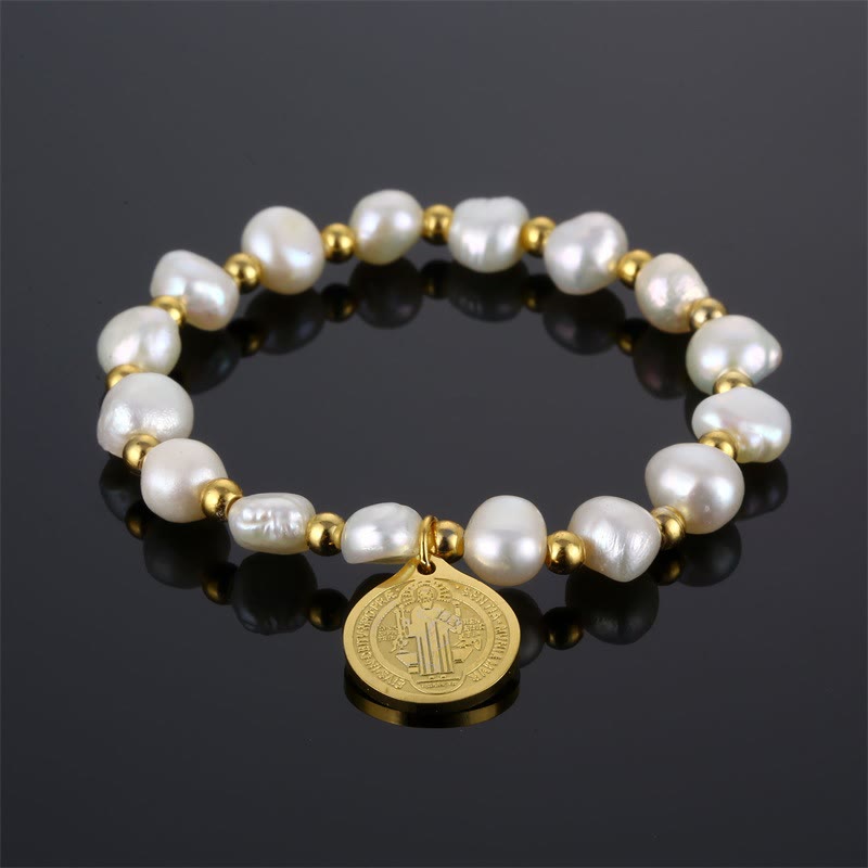 Saint Benedict Medal Irregular Pearl Bracelet - Pearl - image 1