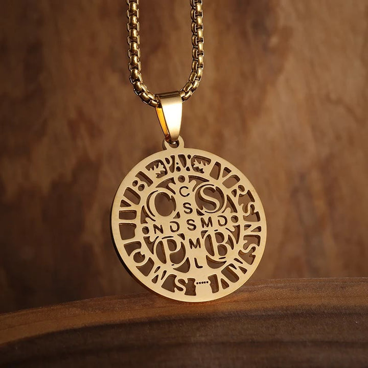 Christianartworkshop St. Benedict Symbol Openwork Pendant Necklace - Golden - image 1
