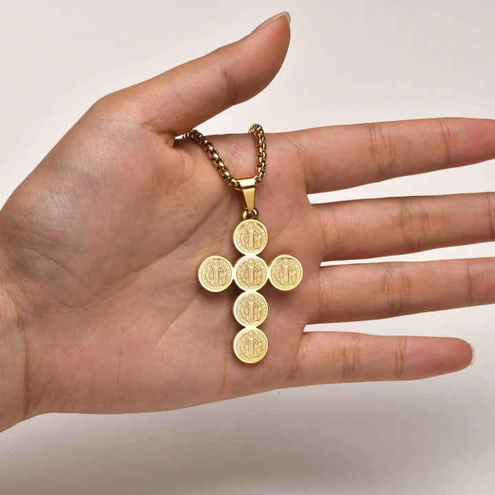 Round St. Benedict Cross Gold Pendant Necklace - image 3