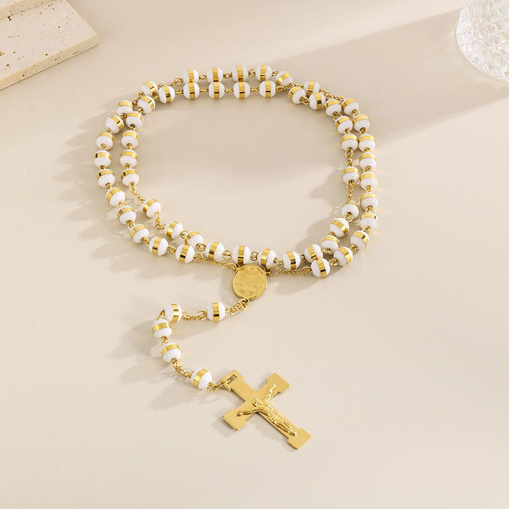 Stainless Steel/Crystal Beads Rosary with Crucifix - Stainless Steel-White - image 8
