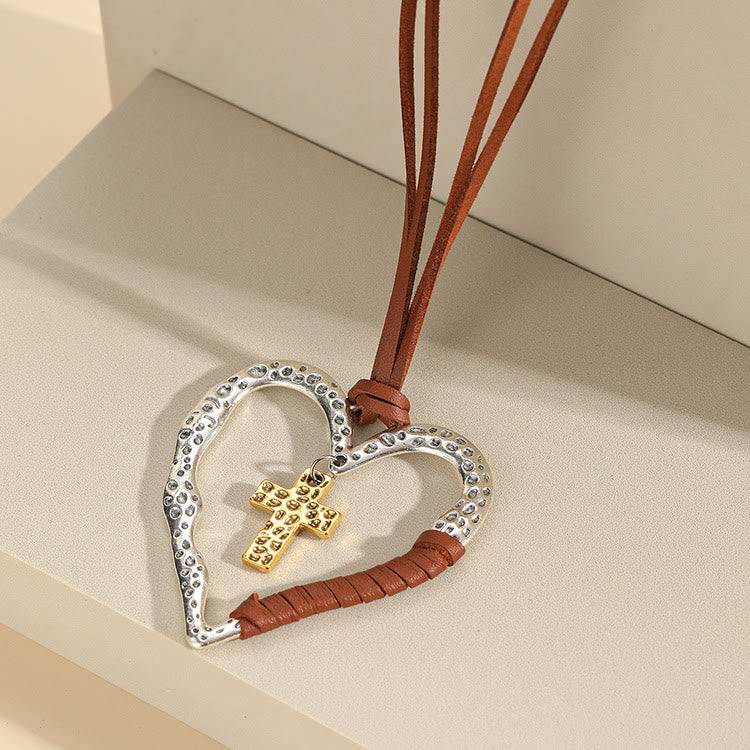 Alloy Heart Cross Pendant Necklace - Brown - image 1