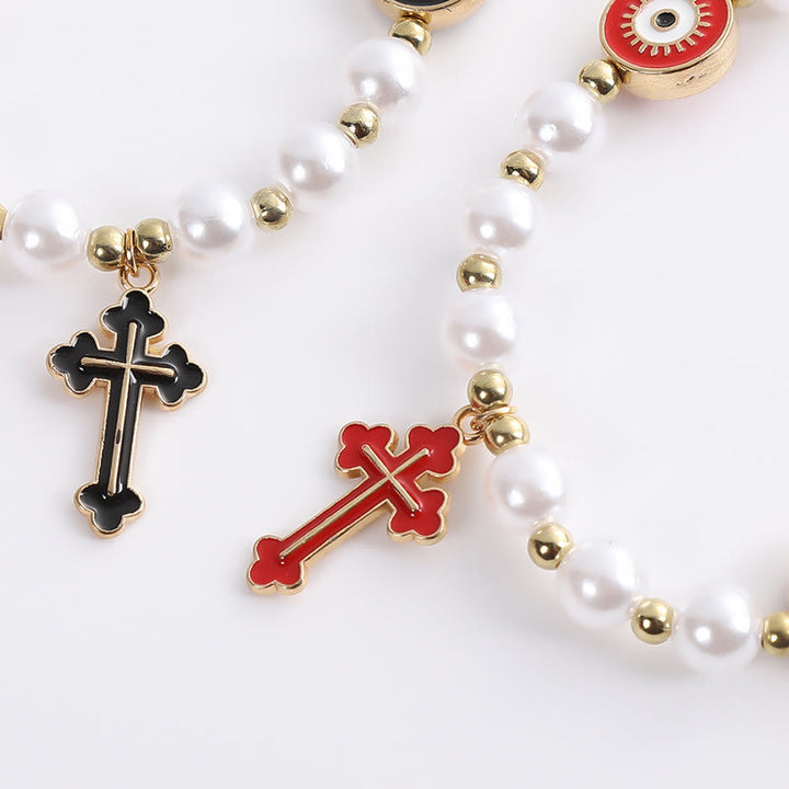 Handmade "Eyes" Beaded Cross Pearl Bracelet - Red - image 1