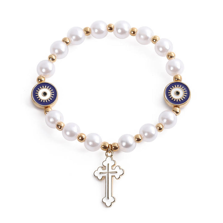 Handmade "Eyes" Beaded Cross Pearl Bracelet - White - image 4