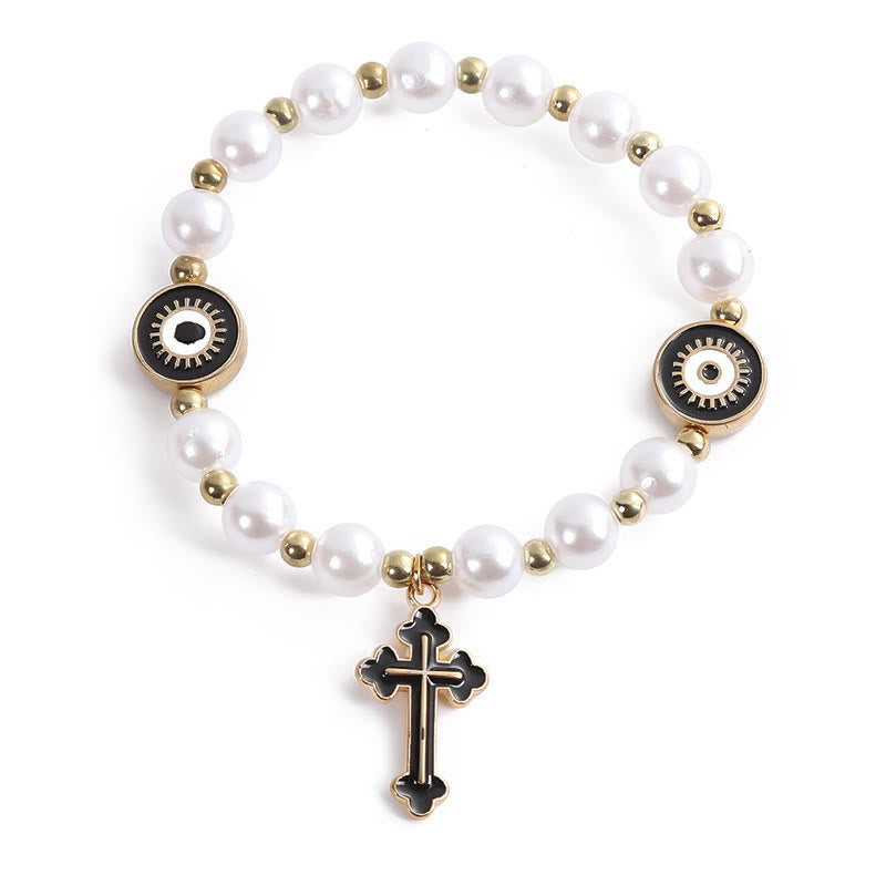 Handmade "Eyes" Beaded Cross Pearl Bracelet - Black - image 3