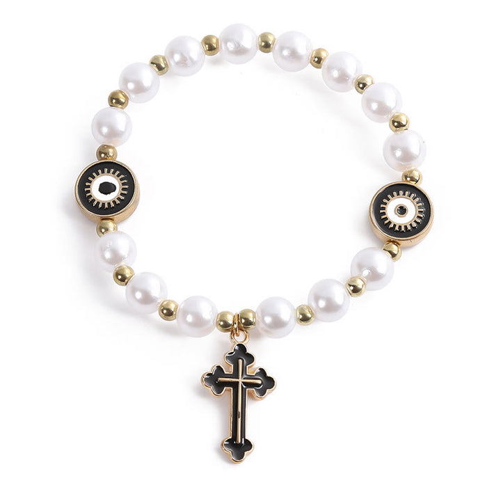 Handmade "Eyes" Beaded Cross Pearl Bracelet - Black - image 3