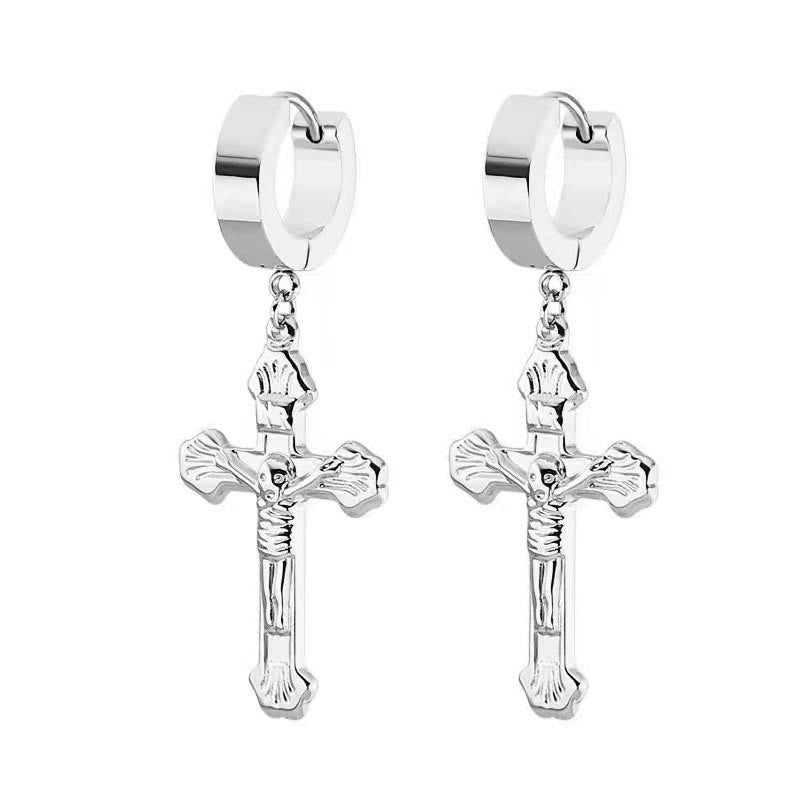Crucifix Stainless Steel Earring Clips Religion Jewelry - Silver - image 1