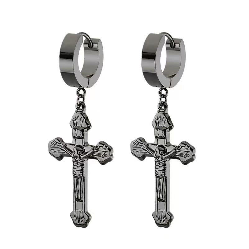Crucifix Stainless Steel Earring Clips Religion Jewelry - Black - image 2