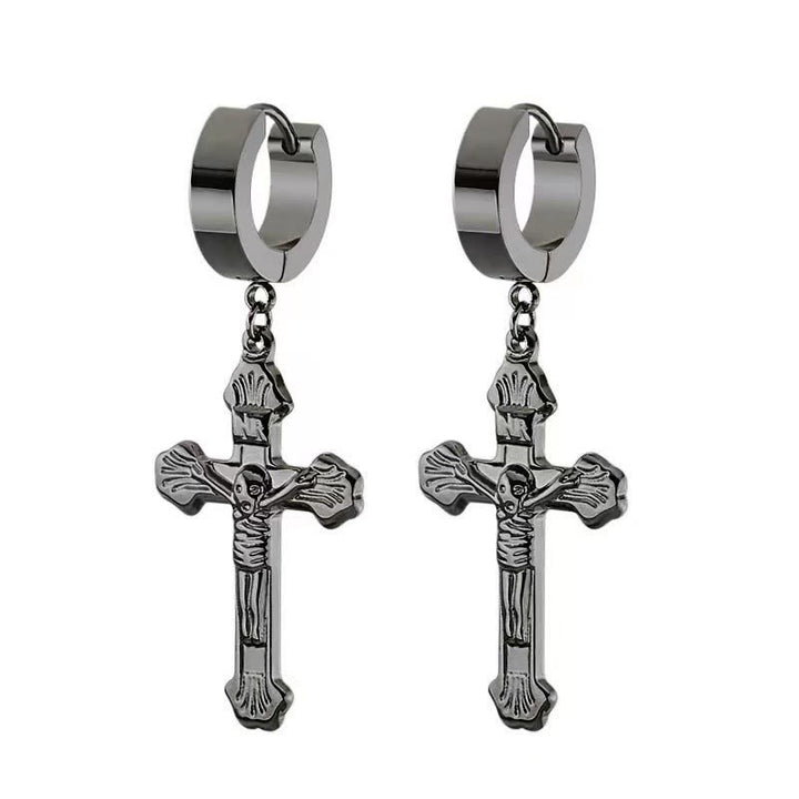 Crucifix Stainless Steel Earring Clips Religion Jewelry - Black - image 2