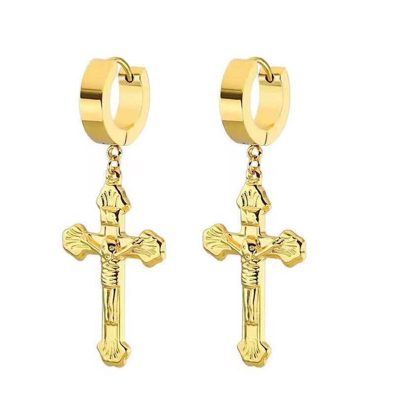 Crucifix Stainless Steel Earring Clips Religion Jewelry - Golden - image 3
