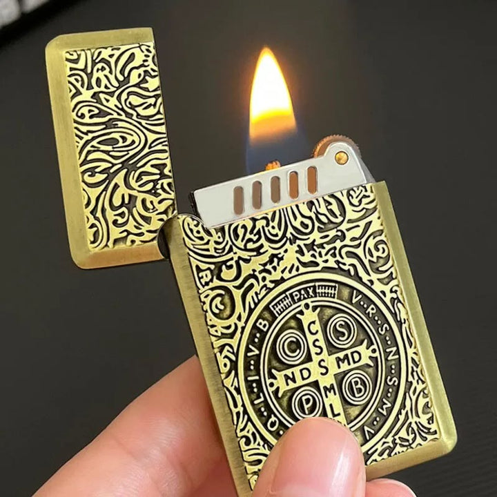 Carved St. Benedict Cross Medallion Solid Metal Cigarette Lighter - Golden - image 1