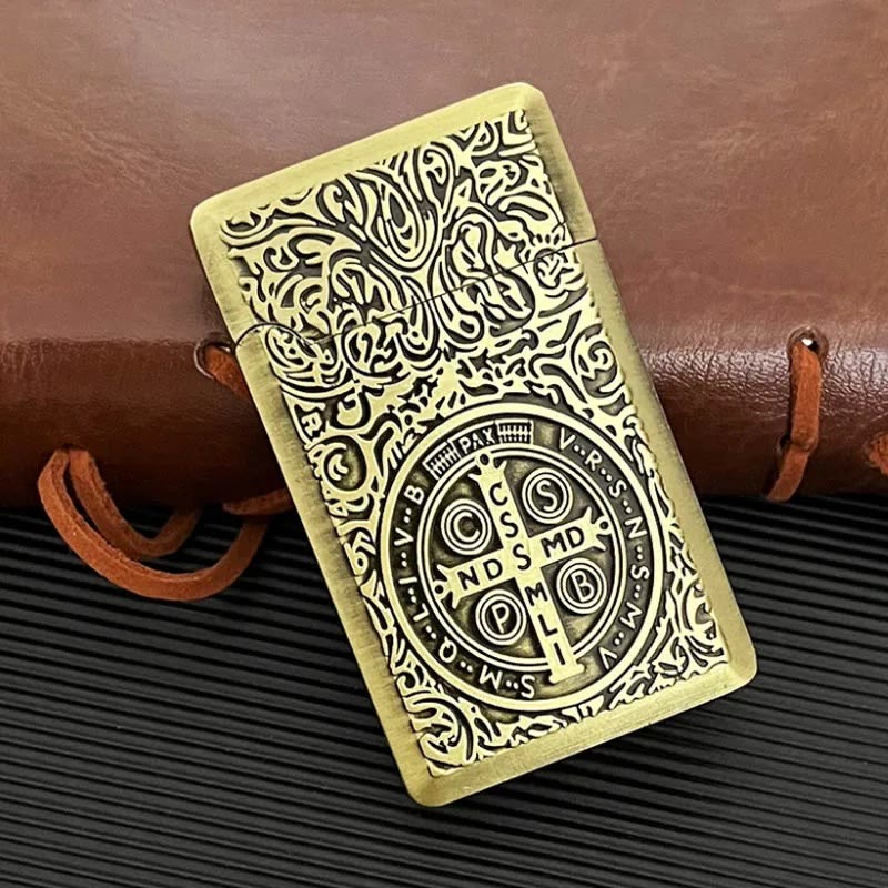 Carved St. Benedict Cross Medallion Solid Metal Cigarette Lighter - image 3