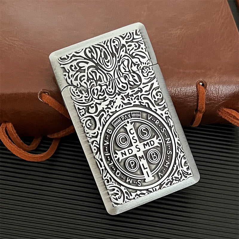 Carved St. Benedict Cross Medallion Solid Metal Cigarette Lighter - Silver - image 4