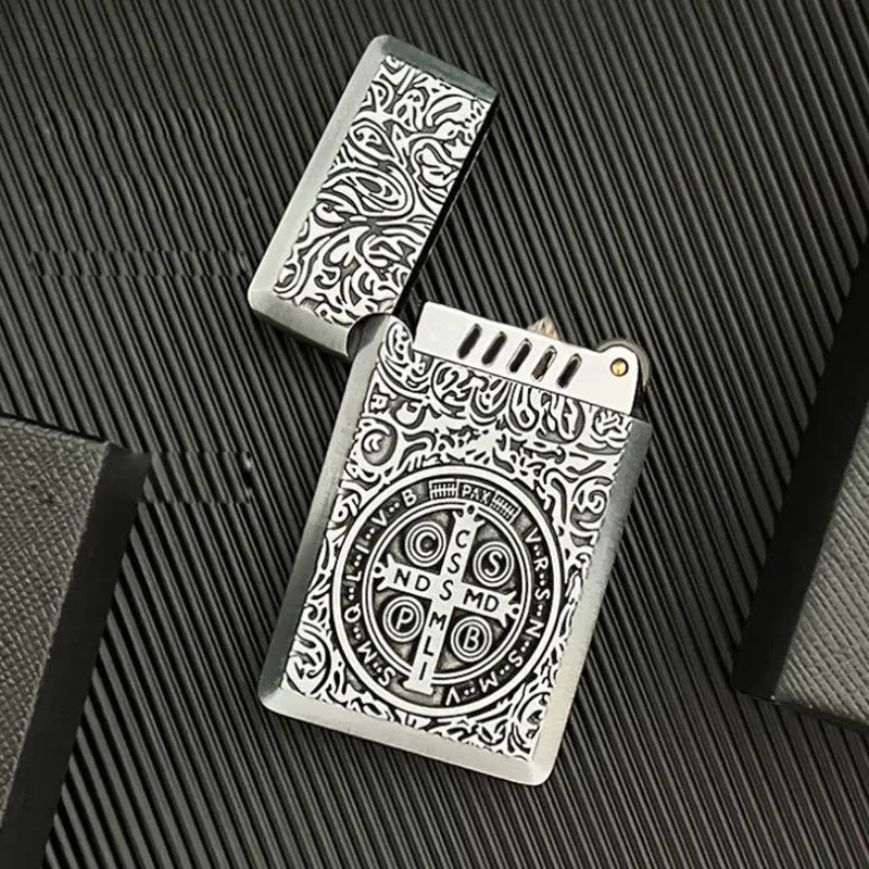 Carved St. Benedict Cross Medallion Solid Metal Cigarette Lighter - image 6