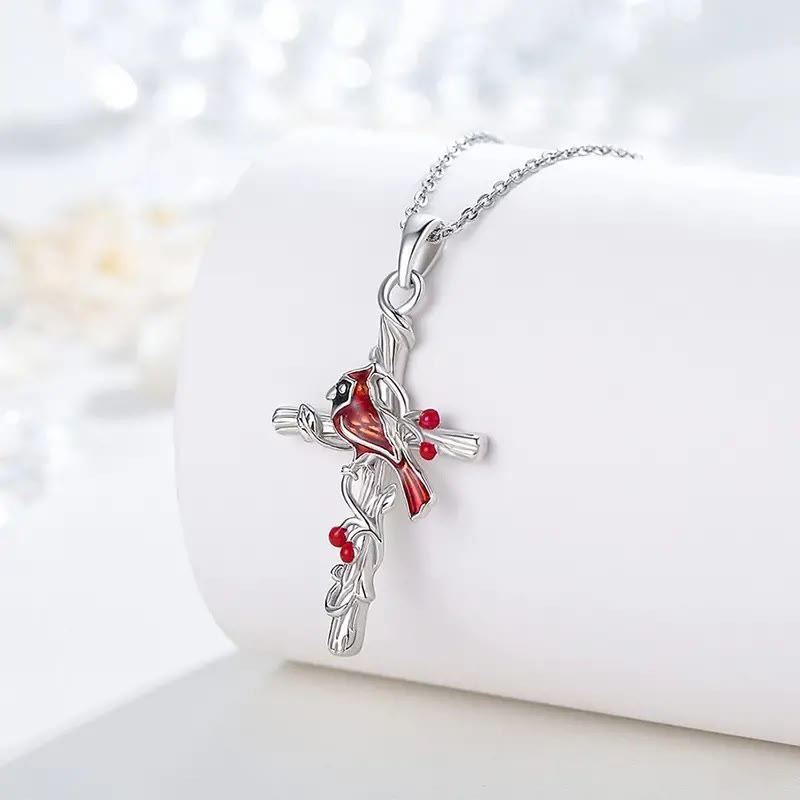 Christianartworkshop Crafted Cardinal Necklace Cross Pendant Red Bird Necklace - Silver - image 1