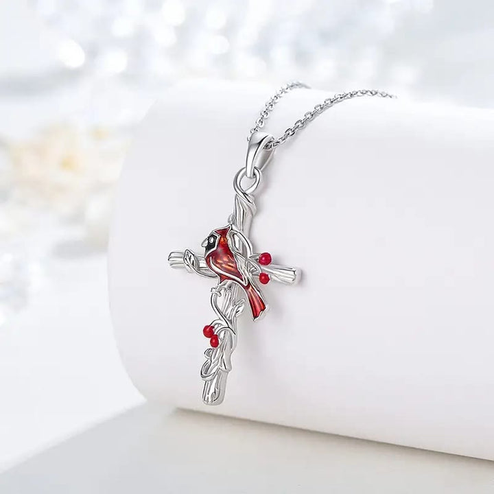 Christianartworkshop Crafted Cardinal Necklace Cross Pendant Red Bird Necklace - Silver - image 1