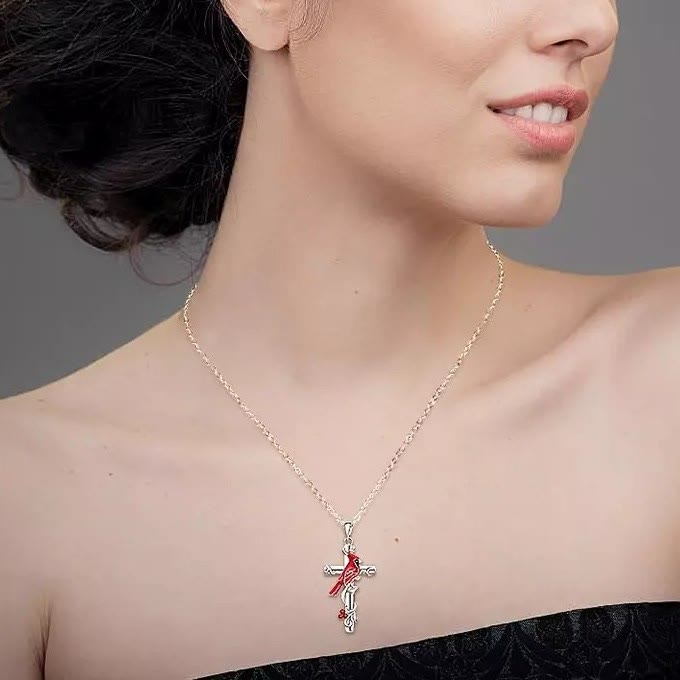 Christianartworkshop Crafted Cardinal Necklace Cross Pendant Red Bird Necklace - image 2