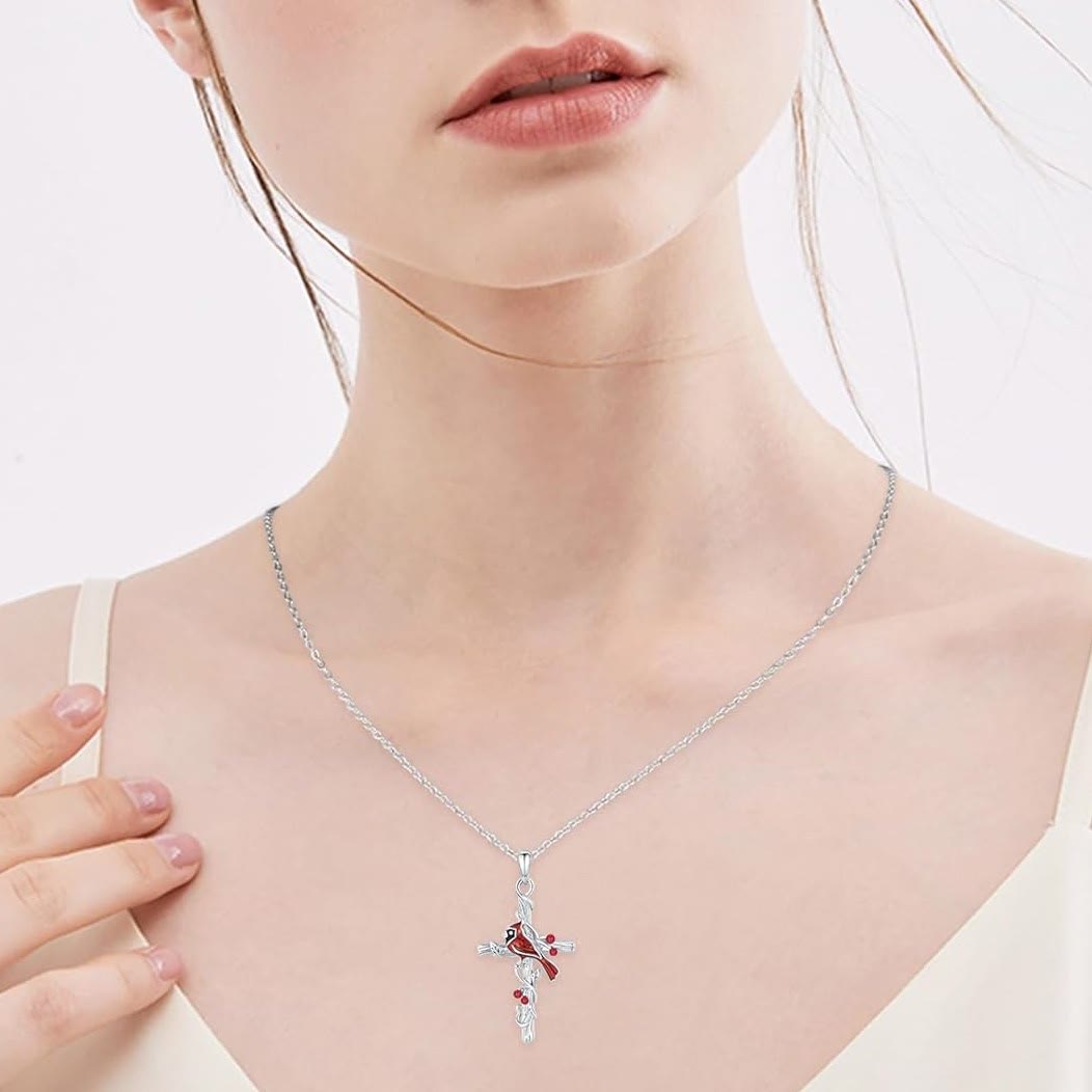 Christianartworkshop Crafted Cardinal Necklace Cross Pendant Red Bird Necklace - image 4