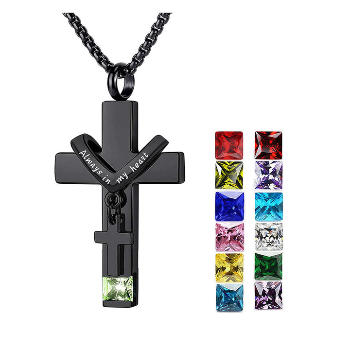 Christianartworkshop 12 Months Birthstone Double Cross Ashes Urn Pendant Necklace - image 1