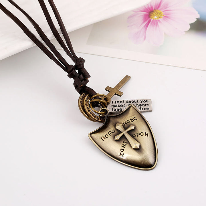 Christianartworkshop Cross Shield/Retro Horn Leather Necklace - Shield - image 1
