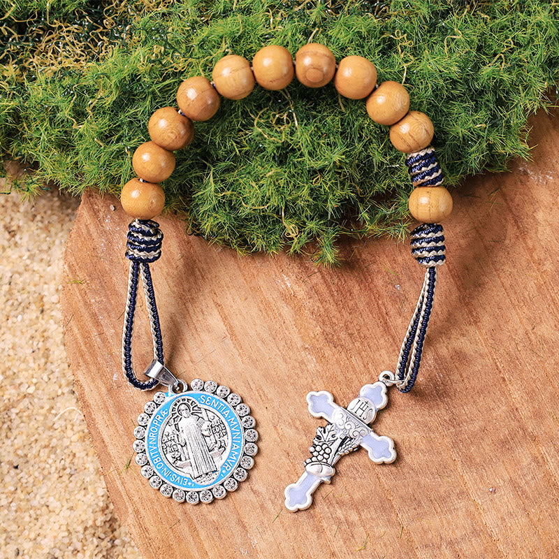 Jesus Hominum Salvator: Olive Wood One Decade Rosary - Blue & White Cord - image 1