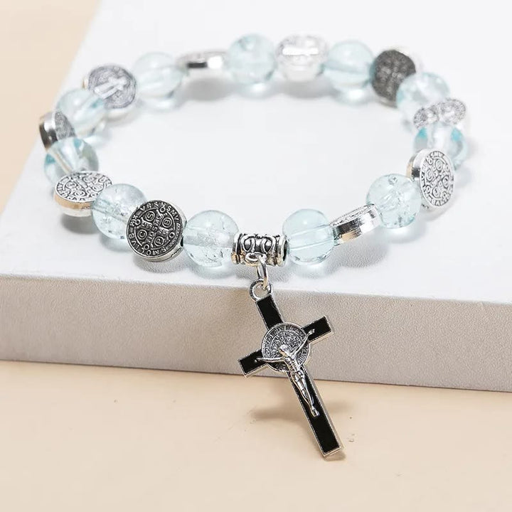 Christianartworkshop Jesus Cross Alloy Charm Pendant Beaded Bracelet - Blue - image 9