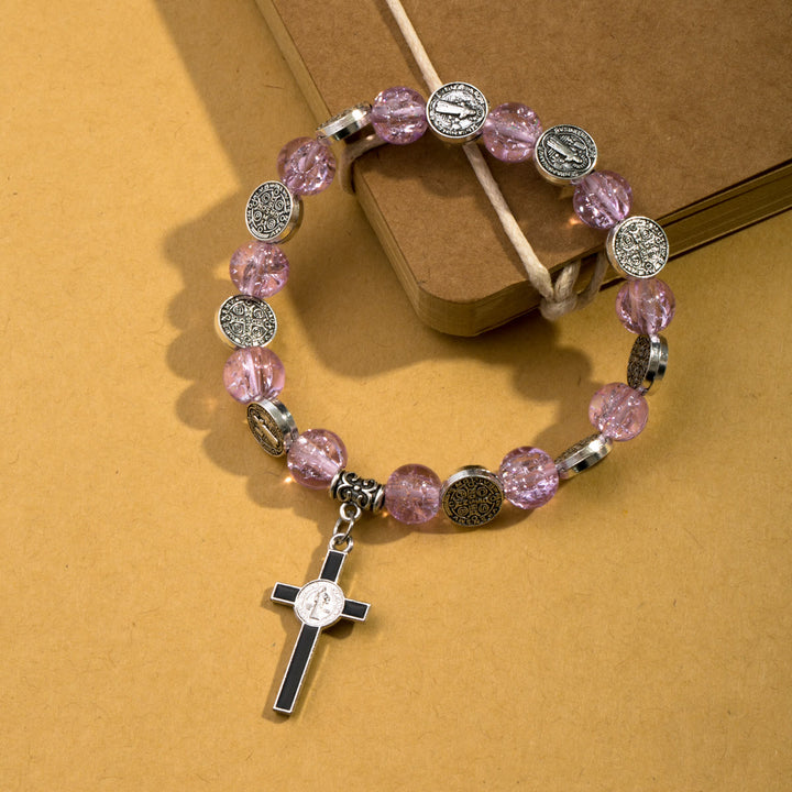 Christianartworkshop Jesus Cross Alloy Charm Pendant Beaded Bracelet - Purple - image 1