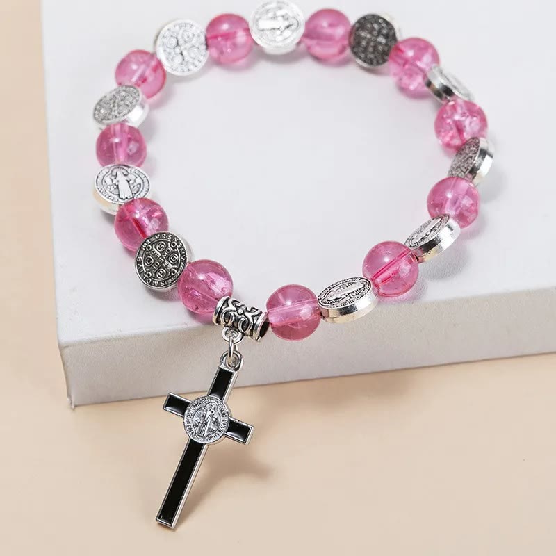 Christianartworkshop Jesus Cross Alloy Charm Pendant Beaded Bracelet - Rose - image 7