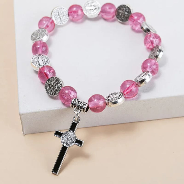 Christianartworkshop Jesus Cross Alloy Charm Pendant Beaded Bracelet - Rose - image 7
