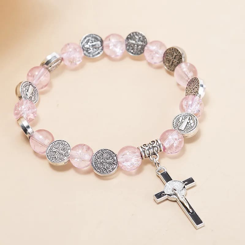 Christianartworkshop Jesus Cross Alloy Charm Pendant Beaded Bracelet - Pink - image 6