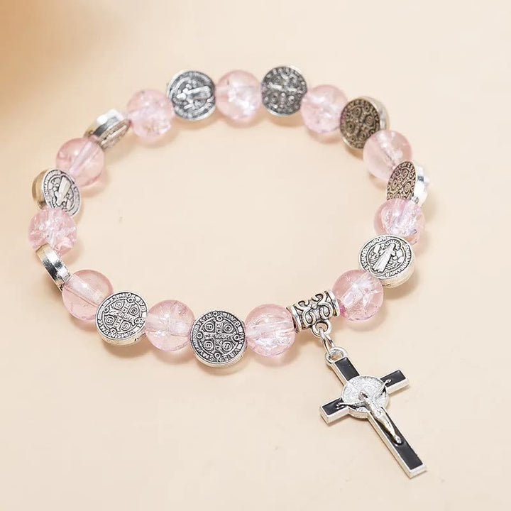 Christianartworkshop Jesus Cross Alloy Charm Pendant Beaded Bracelet - Pink - image 6