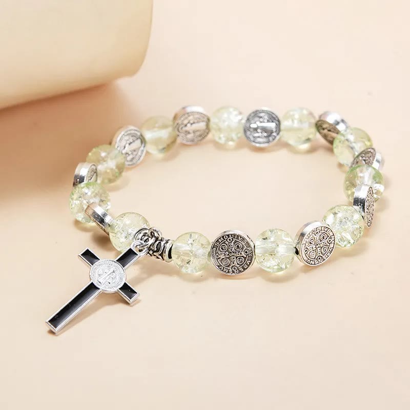 Christianartworkshop Jesus Cross Alloy Charm Pendant Beaded Bracelet - Green - image 8