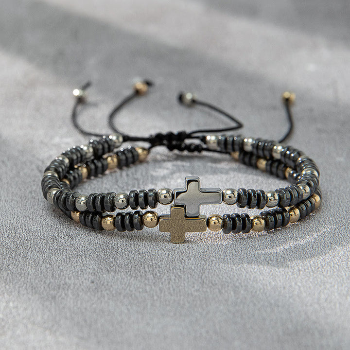 Christianartworkshop 2pcs Cross Decor Beaded Stackable Hematite Bracelet - Hematite - image 1