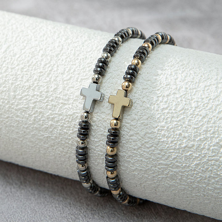Christianartworkshop 2pcs Cross Decor Beaded Stackable Hematite Bracelet - image 2