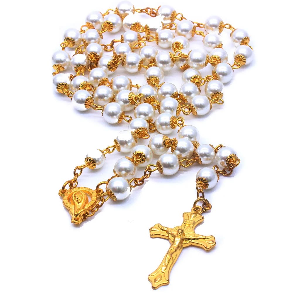White Pearl Beads Catholic Blessing Rosary - image 3