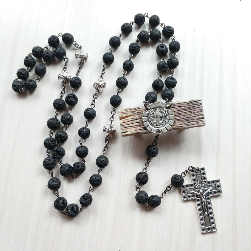 Vintage Cross Pendant Volcanic Stone Beads Rosary - Volcanic Rock - image 1