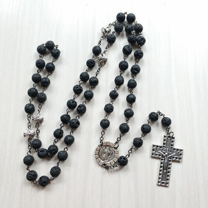 Vintage Cross Pendant Volcanic Stone Beads Rosary - image 4