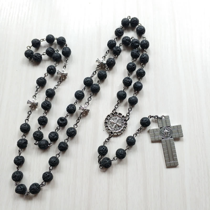 Vintage Cross Pendant Volcanic Stone Beads Rosary - image 5