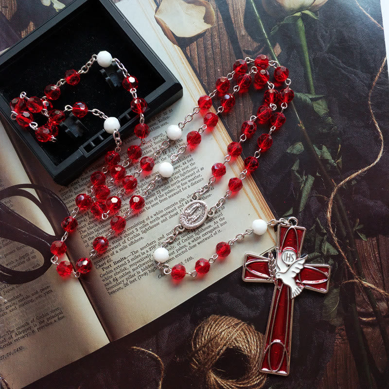 IHS Holy Spirit Dove Cross Pendant Red Beads Rosary - Holy Spirit Cross - image 1